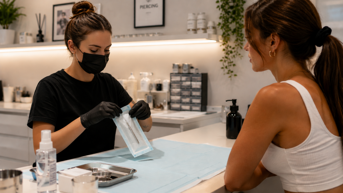Studio de piercing professionnel — pierceur en gants préparant un espace stérile — guide pour bien choisir