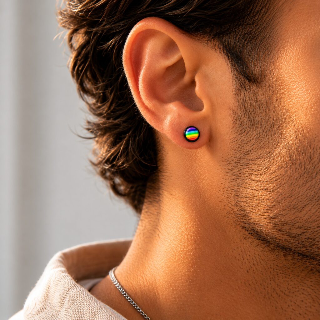 Homme portant un piercing couleurs arc en ciel à l'oreille - Marche des fiertés