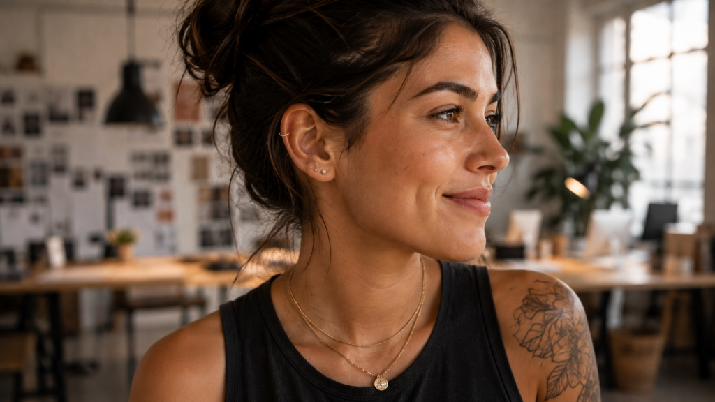 Professionnelle créative avec ear
curation affirmée — les piercings
valorisés dans les secteurs créatifs