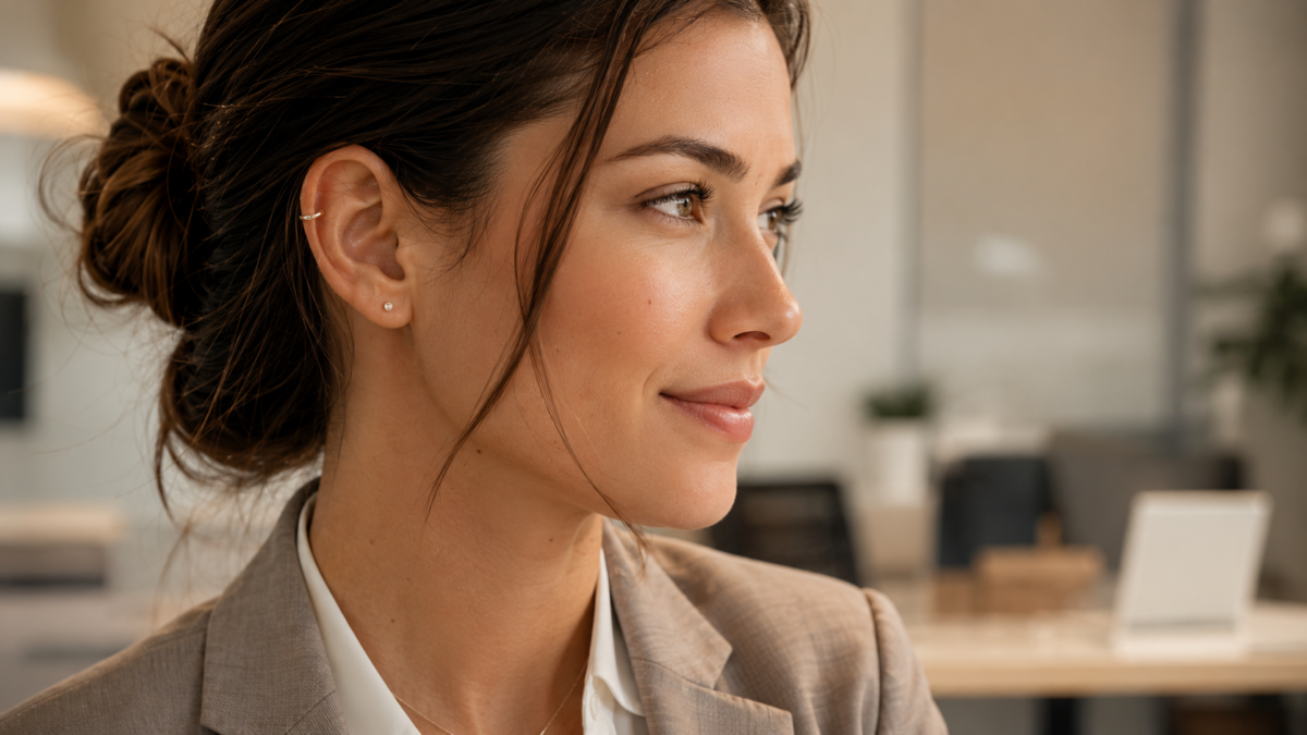 Femme professionnelle avec piercings d'oreille discrets — guide piercing et code vestimentaire au travail