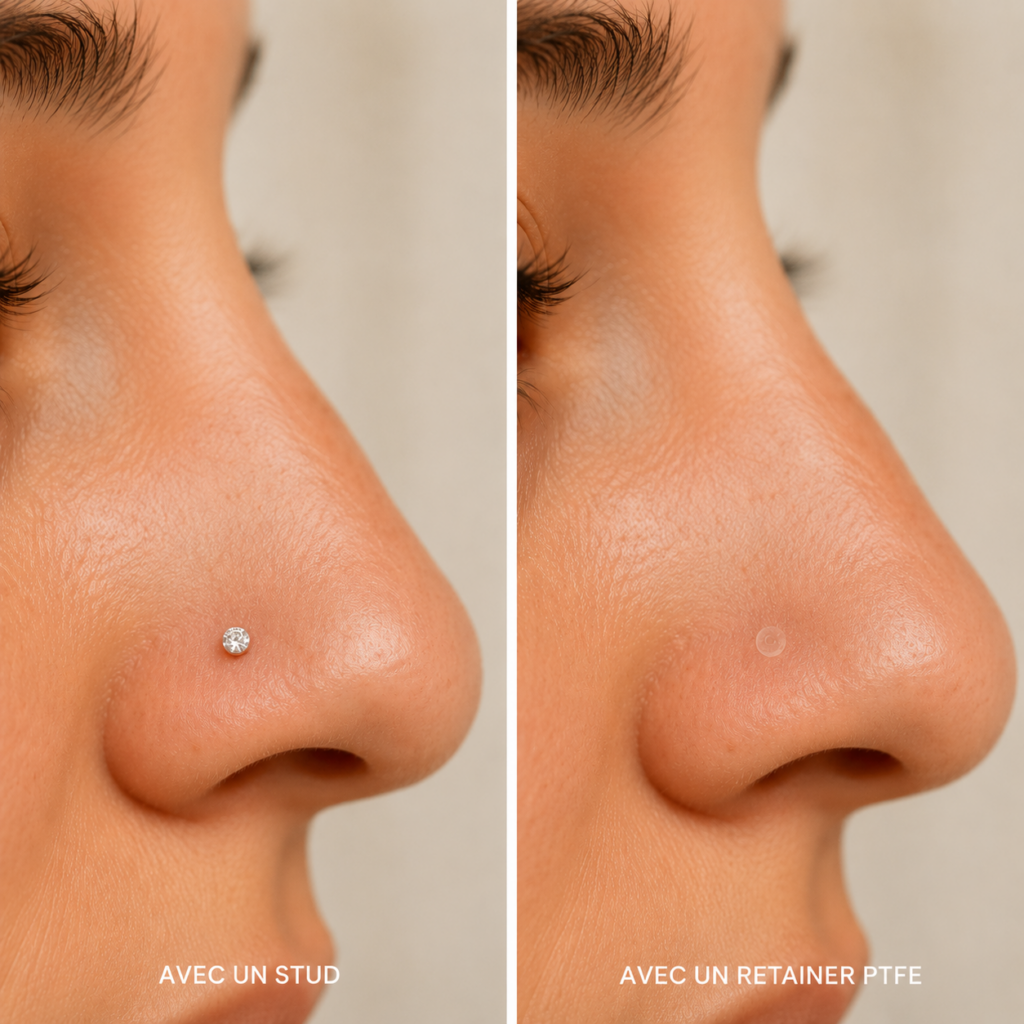Retainer transparent PTFE sur un
piercing de narine — solution discrète
pour le milieu professionnel