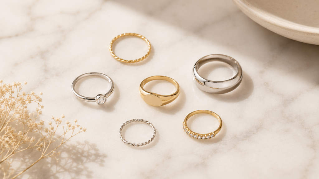 Flat lay de bagues en or et argent — 
inspirations layering Piercing Street