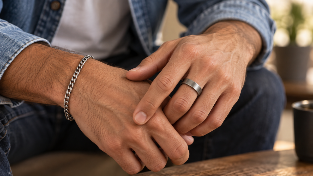 Homme portant un bracelet chaîne acier et une bague titane — guide bijoux masculins 2026 Piercing Street