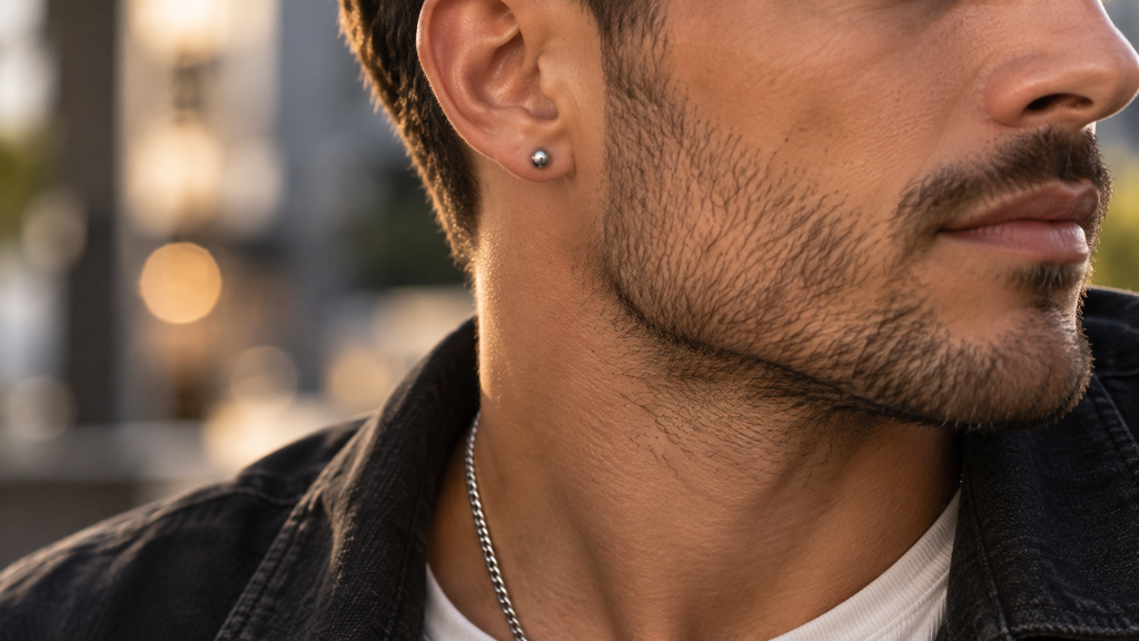 Homme avec piercing lobe discret
et chaîne fine — bijoux masculins
tendance 2026