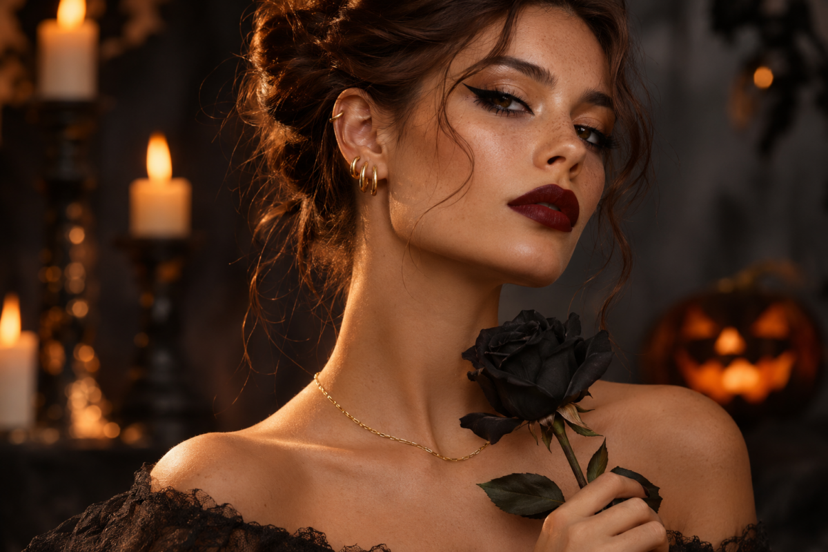 Femme élégante avec créoles dorées et bijoux de piercing pour un look Halloween mode et raffiné
