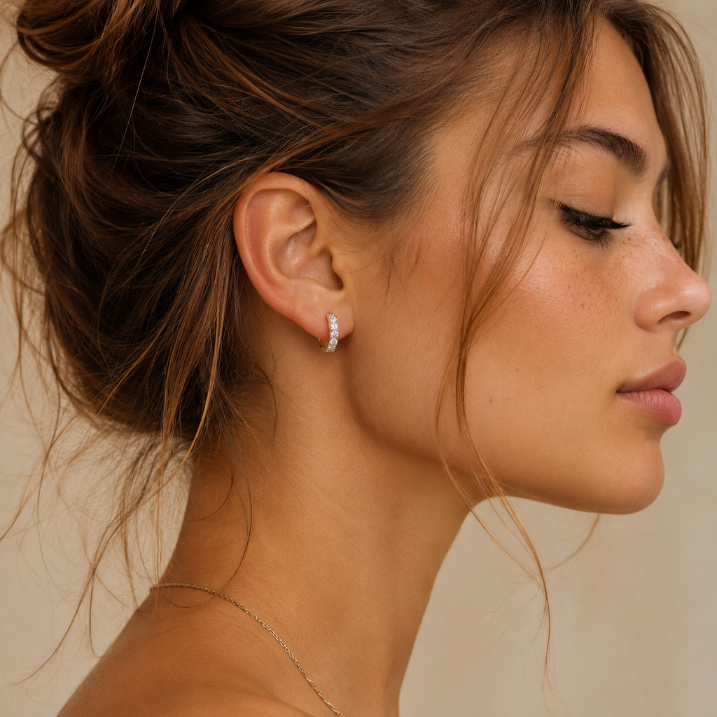 Portrait d'une jeune femme portant des boucles d'oreilles huggies serties de zircons