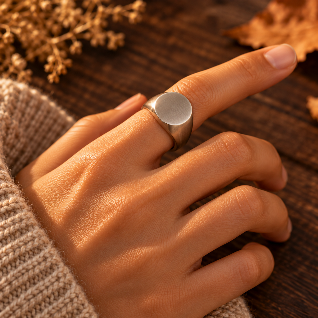 Bague chevalière sobre en acier — tendance bijou masculin-féminin automne 2026