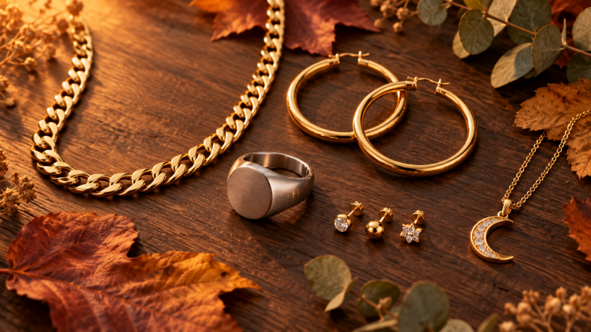 Sélection de bijoux tendance automne 2026 — chaîne gourmette, créoles, chevalière, studs et pendentif — Piercing Street