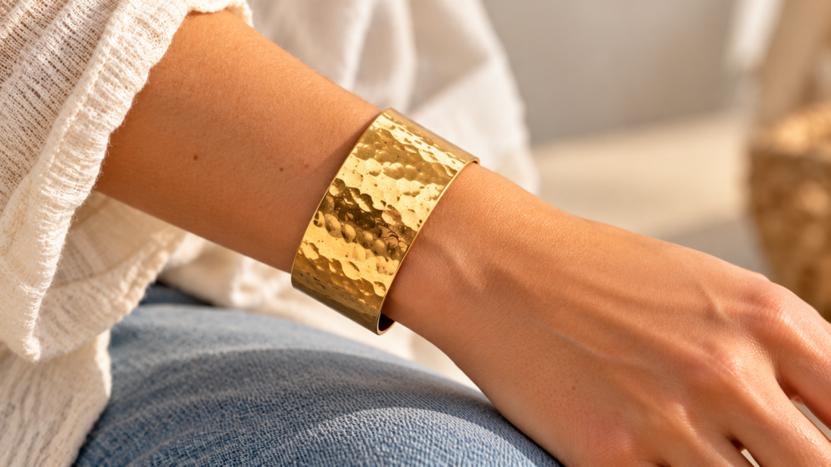 Femme portant un bracelet manchette doré martelé sur le poignet — guide Piercing Street