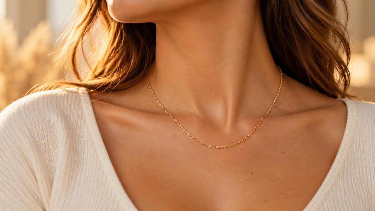 Collier doré longueur princess sur cou et clavicule — guide longueur de chaîne selon la morphologie Piercing Street