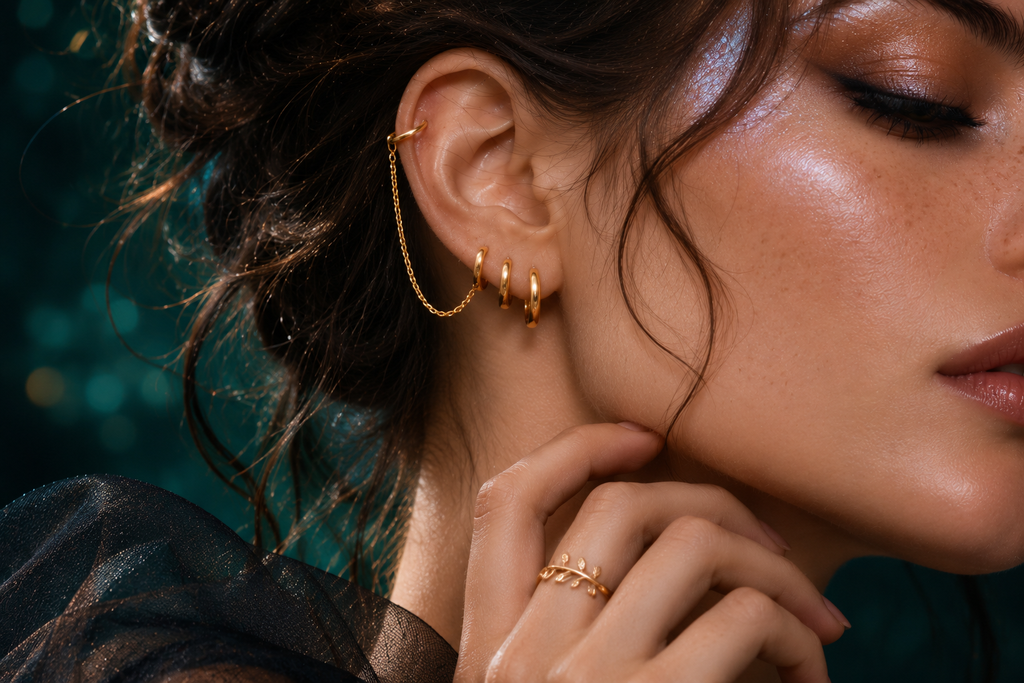 Ear curation look fée sombre : huggies dorés, anneau cartilage et chaîne d'oreille fine