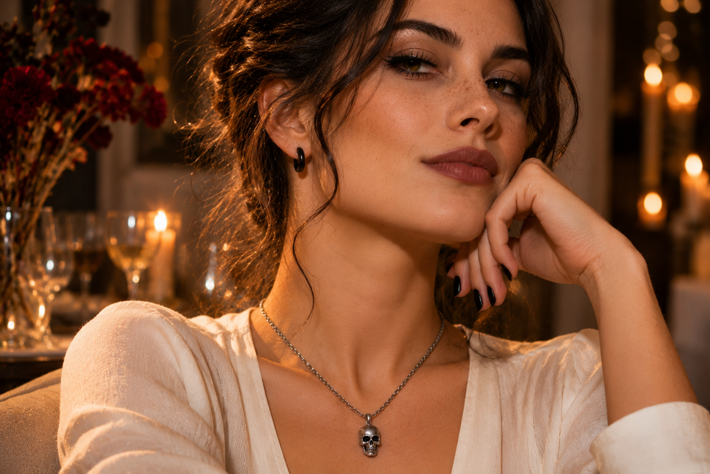Look Halloween minimal avec créole noire mate et collier pendentif crâne argent oxydé