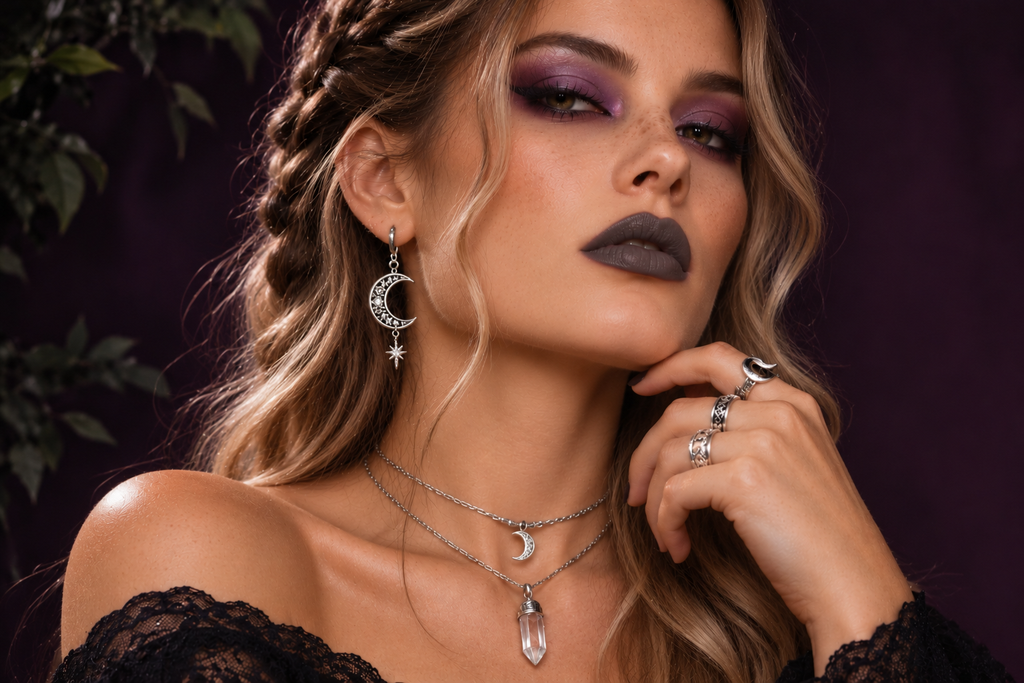 Look Halloween sorcière avec boucles lune argent, bagues empilées et collier cristal