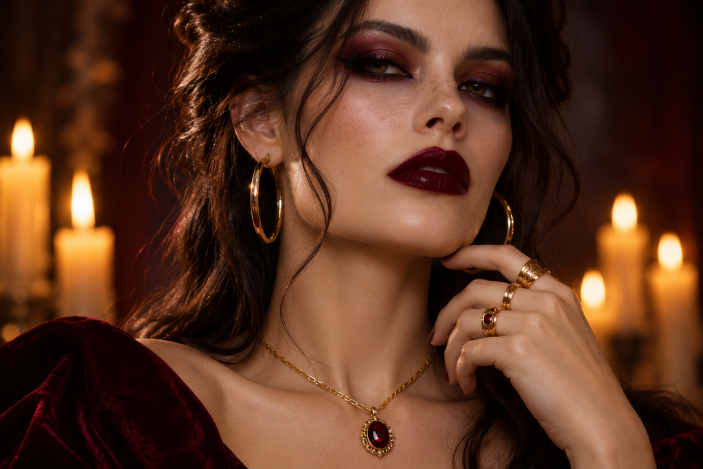 Look Halloween vampire avec créoles dorées, collier grenat rouge et bagues superposées