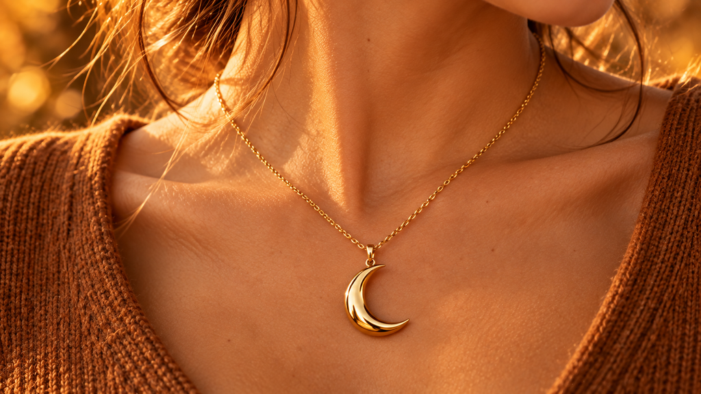 Pendentif statement croissant de lune doré — tendance bijou automne 2026